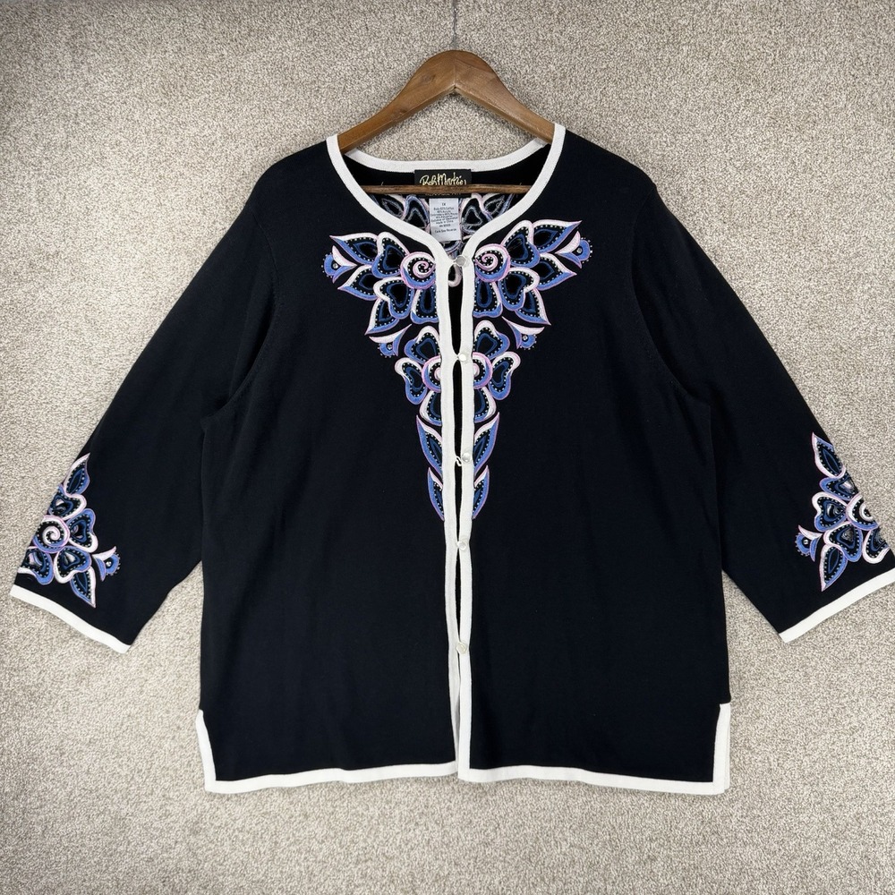 Bob Mackie Wearable Art Cardigan Sweater Black Embroidered Western Cut Out 2X